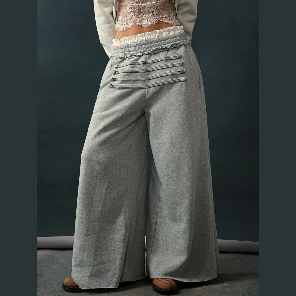 Gray Knit Wide Leg Pants with Military Button Trim